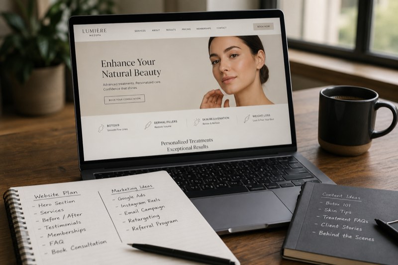 Laptop showing a medspa website with notes beside it