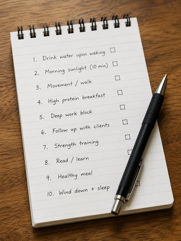 Numbered checklist on a notepad, pen resting on it
