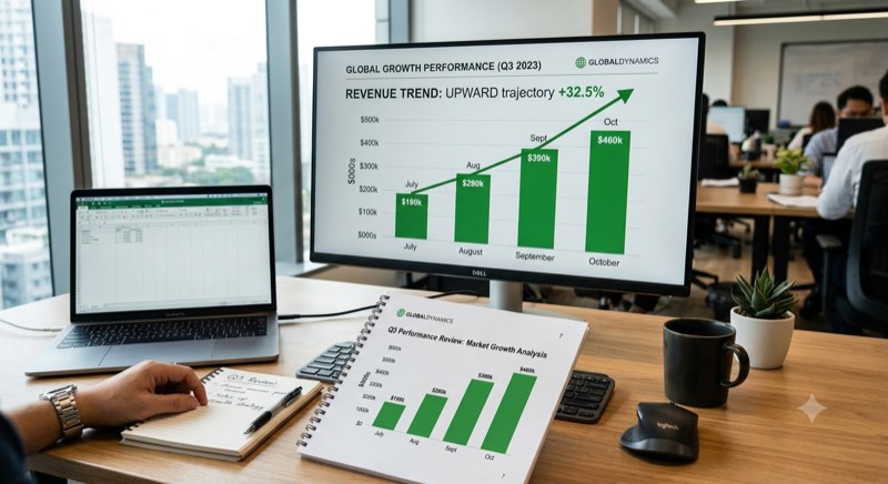 Rising chart on a screen or printed report on a desk